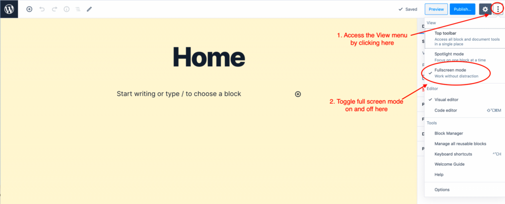 Switching off distractionfree writing mode in WordPress  Awesome Tech